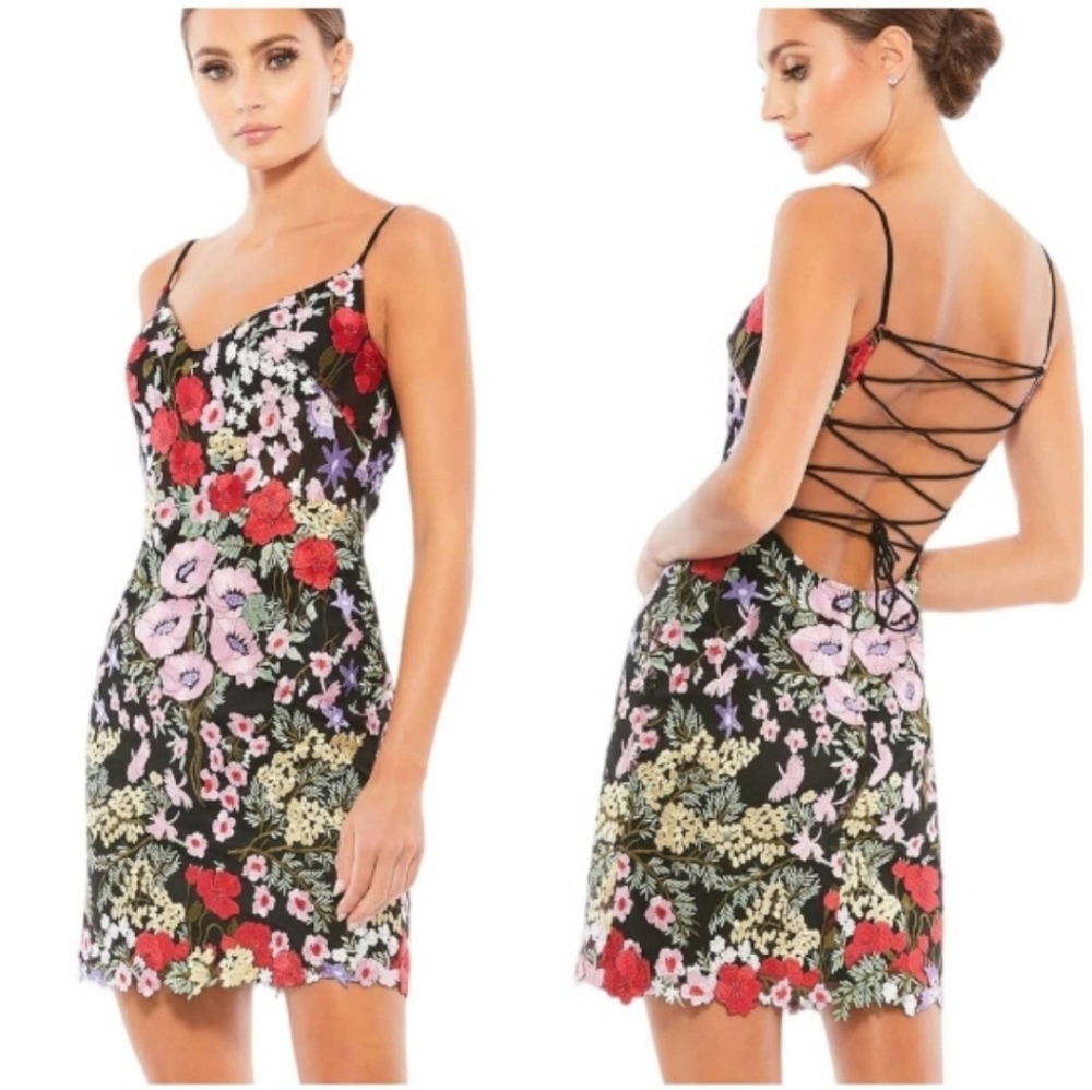 MAC DUGGAL FLORAL EMBROIDERED LACE-UP MINI DRESS